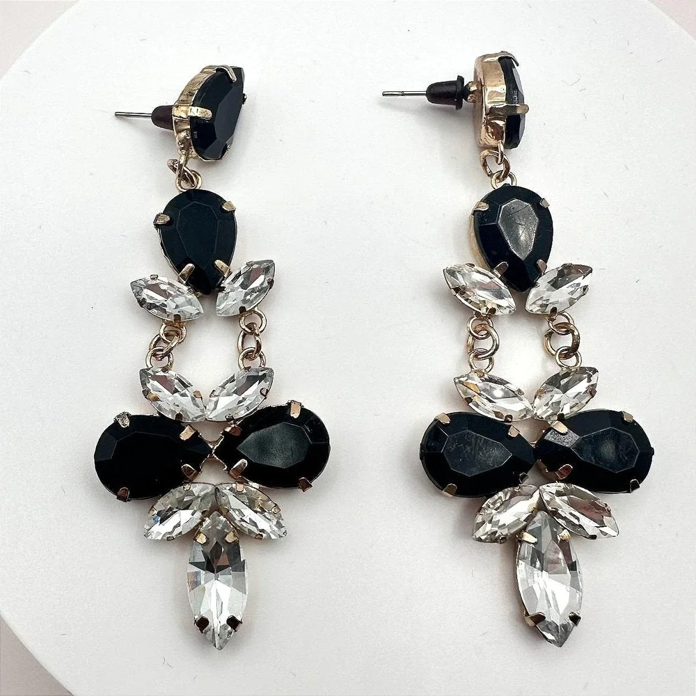 Vintage 90s Gold Tone Dangle Earrings Black &Clear Glass Women's Fashion Jewelry